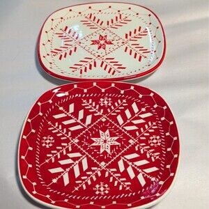 Vtg Hausenware Libby Wilkie Holiday Snowflake Plates Set 2 Red White Inverted